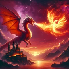 Photo sur Aluminium brossé Rouge 2 dragon in the sky white fantasy landscape red fire