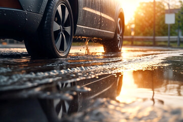 The car drives through puddles after rain. Wheel close up
