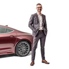 A man in a suit, a sales manager, stands in front of a car on an isolated background. Car sales manager. PNG.