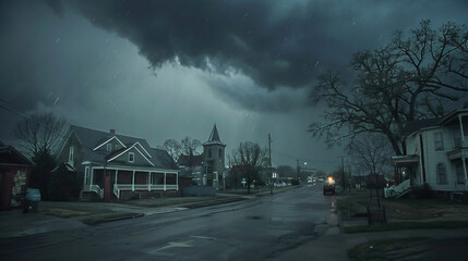 Storm clouds over a small town. Natural disaster engulfs the town - obrazy, fototapety, plakaty