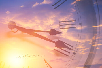 Clock face memory time in sun bright sky. Time passing sunset or sunrise sky overlay - obrazy, fototapety, plakaty