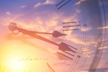 Tuinposter Clock face memory time in sun bright sky. Time passing sunset or sunrise sky overlay © Quality Stock Arts