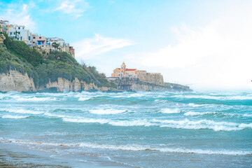 Beautiful old town of Vieste wit beach, Gargano peninsula, Apulia region, South of Italy