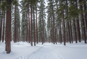 Fototapeta premium Beneath the blanket of snow, a pristine pine forest exudes a sense of timeless elegance, its silent majesty and untouched purity a testament to the enduring beauty of natures winter embrace.. AI