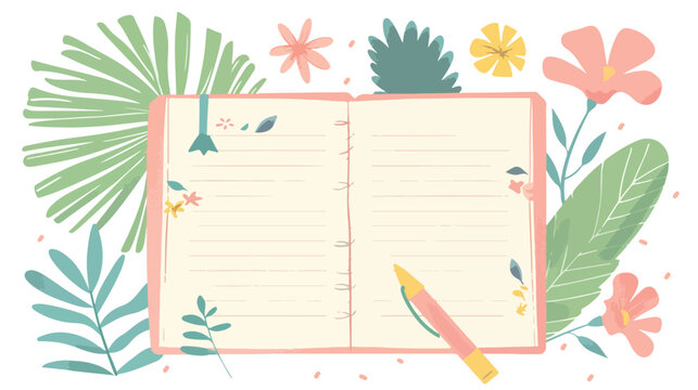Open diary notebook with notes pictures flowers 