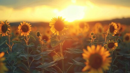 Sunflower field at sunset with space, summer nature background