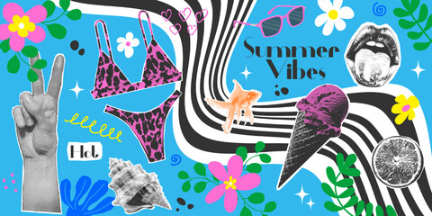 Abstract contemporary halftone summer collage. Vector pack of trendy y2k elements hand, eye, lips, ice cream, bikini with retro halftone photocopy effect, abstract shapes and hand drawn flowers.