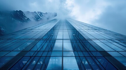 Fototapeta premium Dramatic contrast: Skyscraper against mountain range, showcasing modern architecture and natural beauty