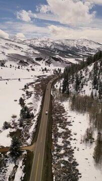 Aerial view of snowy Sierra Nevada mountain road, Bridgeport, California, United States.