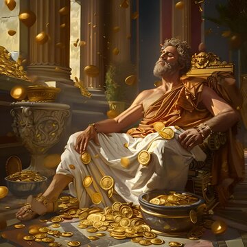 A painting of a rich man sitting on a throne made of gold coins.