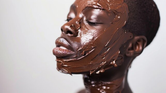 An artistic image portraying an African man's profile with his skin artistically covered in glossy chocolate