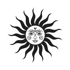 Sun vector illustration, hand drawn celestial boho line art logo, icons and symbol mystic moon tattoo elements for decoration. - 788108910