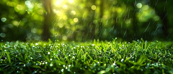 Sunlit Dew Drops on Fresh Green Lawn with Sprinkler. Concept Nature Photography, Morning Light, Refreshing Ambiance, Serene Landscape, Water Drops, Greenery - obrazy, fototapety, plakaty