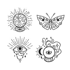 Crystal ball, butterfly, Moon vector illustration, hand drawn celestial boho line art logo, mystic moon tattoo elements for decoration. - 788109107