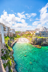 Cityscape of Polignano a Mare beach, Puglia region, Italy, Europe.  Seascape of Adriatic sea