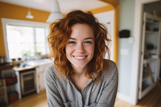 portrait of a smiling woman at home kitchen