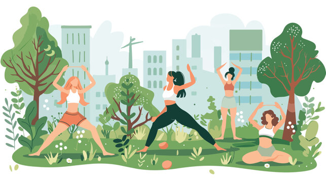 Outdoor yoga class flat vector illustration. Young 