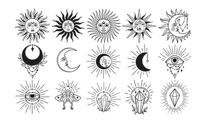 Set of celestial and mystic magical elements vector illustration, hand drawn celestial boho line art logo, mystic for decoration - 788109360
