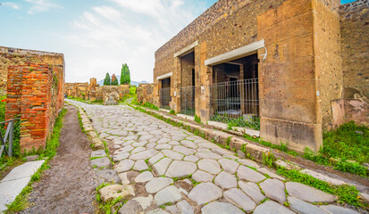 Ruins of Pompeii near Naples, Italy. Pompeii is an ancient Roman city. Mount Vesuvius. Panorama of...