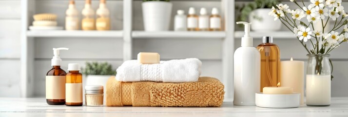 Luxurious spa essentials  toiletries, soap, towel on soft white bathroom background