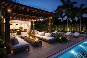 Ultimate Luxury Outdoor Living: Resort-Style Patio, Pool, and Cabanas - obrazy, fototapety, plakaty