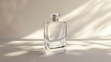 Elegantly shaped transparent minimalist clear glass luxury perfume bottle mockup with smooth and rounded edges forms against a backdrop of soft diffused light