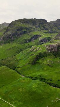 Aerial view of Glencoe with Three Sisters Viewpoint, Ballachulish, Scotland, United Kingdom.