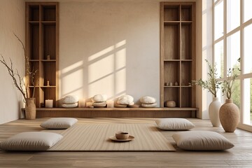 Fototapeta na wymiar Tranquil Oasis: Peaceful Home Yoga Room Decor Inspiring Serenity
