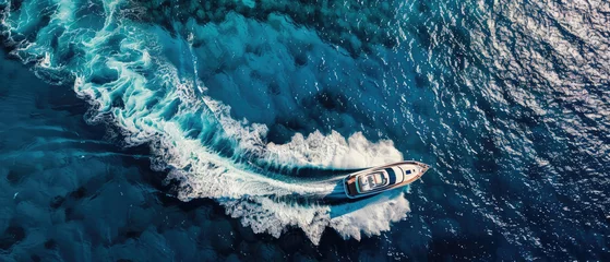 Fotobehang A white luxury cruise ship yacht powerboat moves in the middle of the blue sea with splashes of white foam on its tail visible from above created with Generative AI Technology © AstraNova