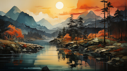 Illustration landscape scene with trees, mountains, and water river  capturing the essence of nature in a fragmented way with sunset brown colors 