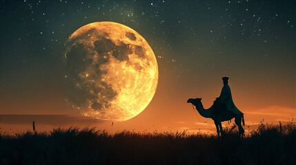 Islamic New Year and Eid Al-Adha theme with silhouette of person on camel against giant crescent moon at clear night in sahara desert