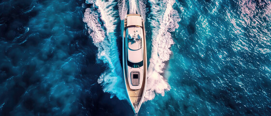 A white luxury cruise ship yacht powerboat moves in the middle of the blue sea with splashes of white foam on its tail visible from above created with Generative AI Technology - obrazy, fototapety, plakaty