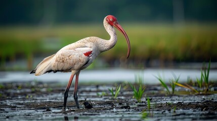 A long-legged bird wading in the mud of an open marshland, its head gracefully curved as it peeks for food. - obrazy, fototapety, plakaty
