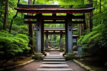 Tranquil Serenity: Peaceful Japanese Garden Design with Torii Gate on a Spiritual Journey