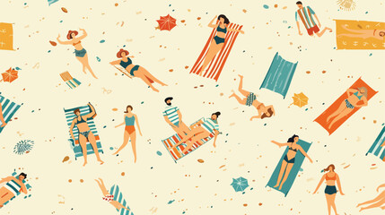 People on summer beach seamless pattern. Tiny tourist