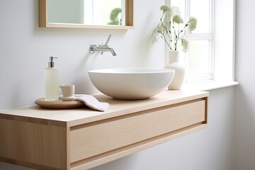 Fototapeta na wymiar Light Wood Vanity Oasis: Tranquil Scandinavian Bathroom Design