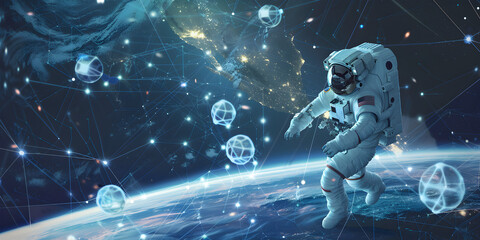 Astronaut Amongst Cosmic Orbs, The Odyssey of Astronauts in Zero Gravity - obrazy, fototapety, plakaty