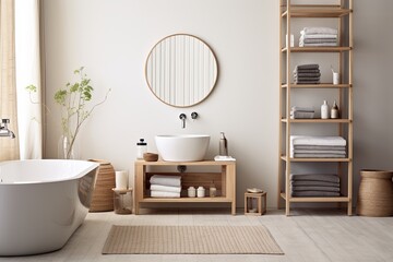 Fototapeta na wymiar Minimalist Serenity: Unveiling Peaceful Scandinavian Bathroom Concepts