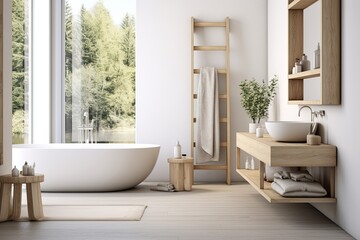 Fototapeta na wymiar Simplicity and Wood Harmony: Exquisite Scandinavian Bathroom Retreats