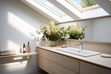 Skylight Serenity: Peaceful Scandinavian Bathroom Ideas with Neutral Color Scheme