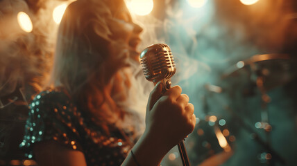 Woman singing in a club or concert stage with holding a retro microphone