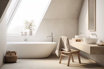 Fototapeta na wymiar Peaceful White Haven: Scandinavian Bathroom Concepts for an Uncluttered and Serene Ambiance