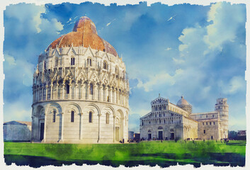 Baptistery, Duomo Cathedral and Leaning Tower in Pisa, Italy. Watercolour painting. - obrazy, fototapety, plakaty