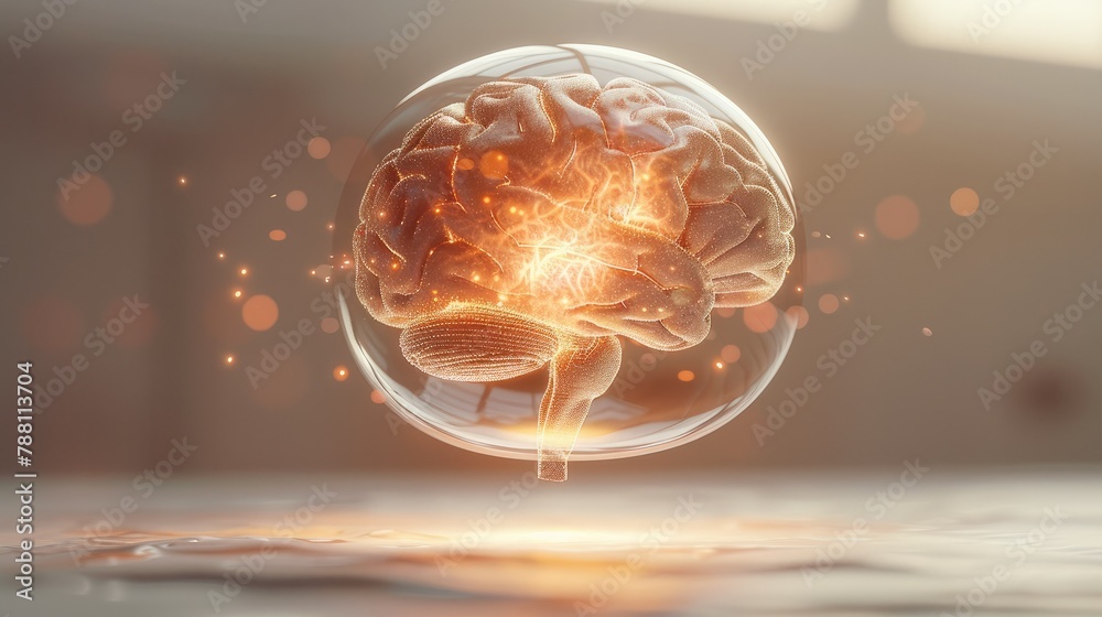 Fototapete regular shape light lamp with brain, soft shadow, floating in the air, clear background, the lamp is