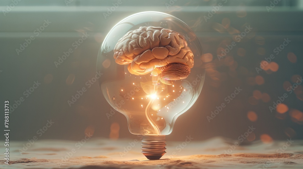 Fototapete regular shape light lamp with brain, soft shadow, floating in the air, clear background, the lamp is