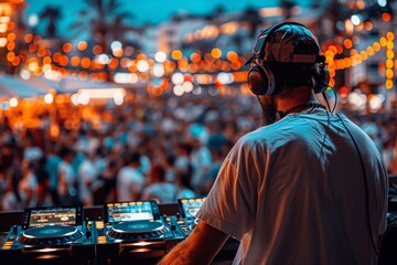 Against a backdrop of festival lights, a DJ mixes tracks on his console, energizing the crowd with...