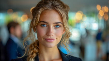 Obraz premium Happy diverse professional executive business woman looking at camera standing in office lobby hall. Generative AI