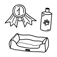 Doodle pet accessories set. Hand drawn elements for dog, pet, puppy care. Vector icons
