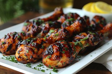 A close-up of perfectly grilled chicken drumsticks garnished with fresh parsley, served on a white plate