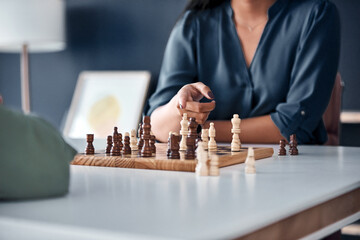 Board game, chess or business hands in office for thinking, planning or movement strategy. Work,...